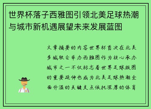 世界杯落子西雅图引领北美足球热潮与城市新机遇展望未来发展蓝图